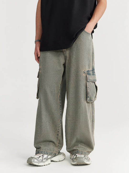 F3F Select Street Washed Old Mud Dyed Large Pockets Work Cargo Jeans
