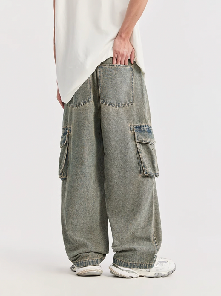 F3F Select Street Washed Old Mud Dyed Large Pockets Work Cargo Jeans