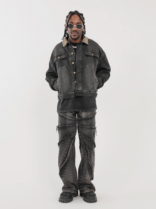 F3F Select Vintage Washed & Old Damaged Raw Edge Splicing Jeans