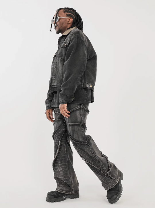 F3F Select Vintage Washed & Old Damaged Raw Edge Splicing Jeans