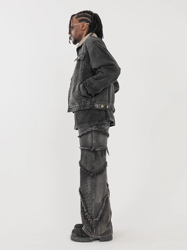 F3F Select Vintage Washed & Old Damaged Raw Edge Splicing Jeans