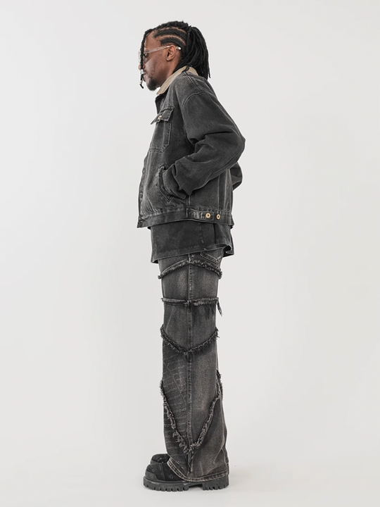 F3F Select Vintage Washed & Old Damaged Raw Edge Splicing Jeans