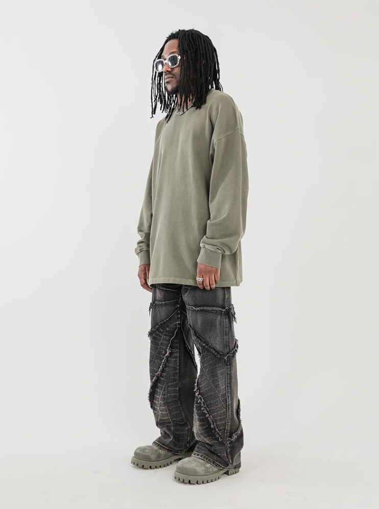 F3F Select Vintage Washed & Old Damaged Raw Edge Splicing Jeans