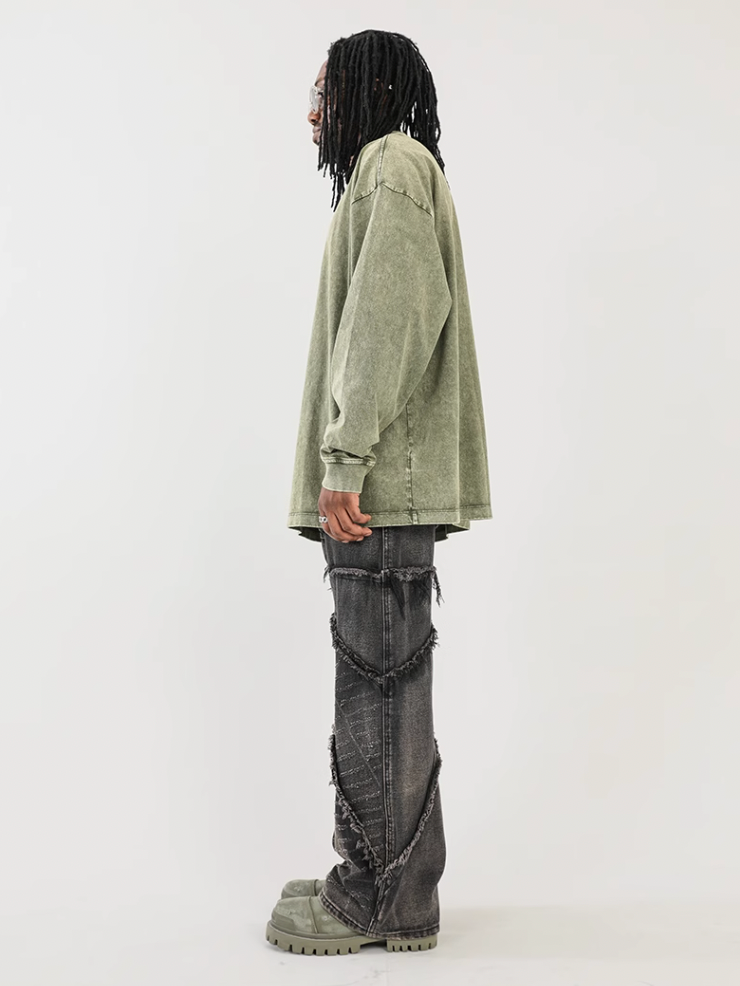 F3F Select Vintage Washed & Old Damaged Raw Edge Splicing Jeans