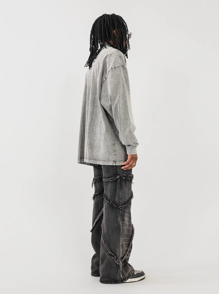 F3F Select Vintage Washed & Old Damaged Raw Edge Splicing Jeans