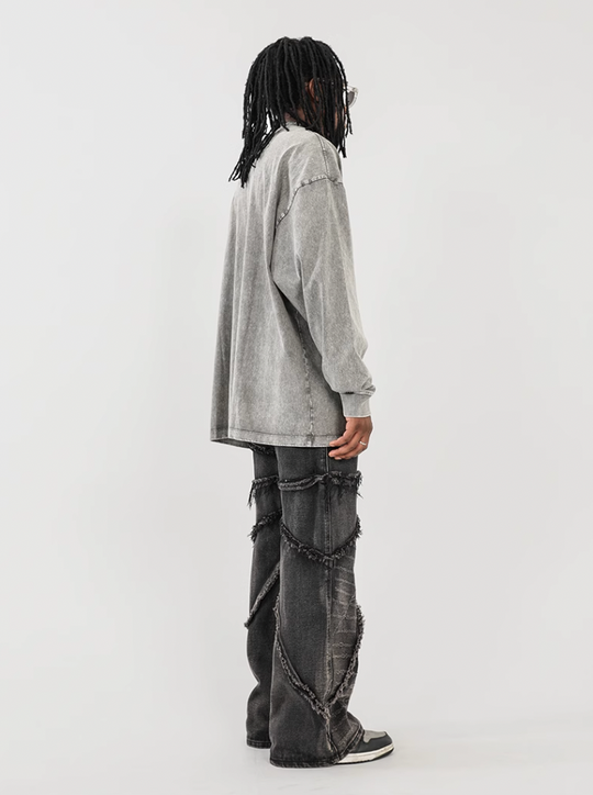 F3F Select Vintage Washed & Old Damaged Raw Edge Splicing Jeans