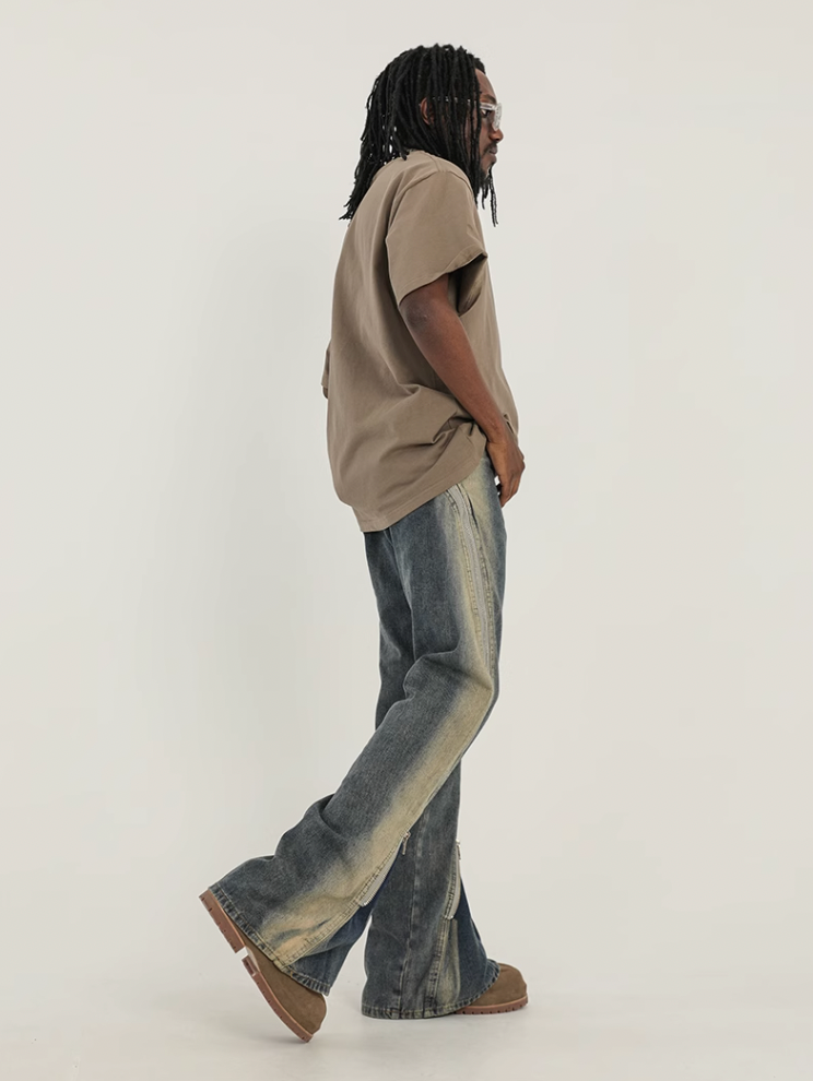 F3F Select Stitching Zipper Washed Flare Jeans