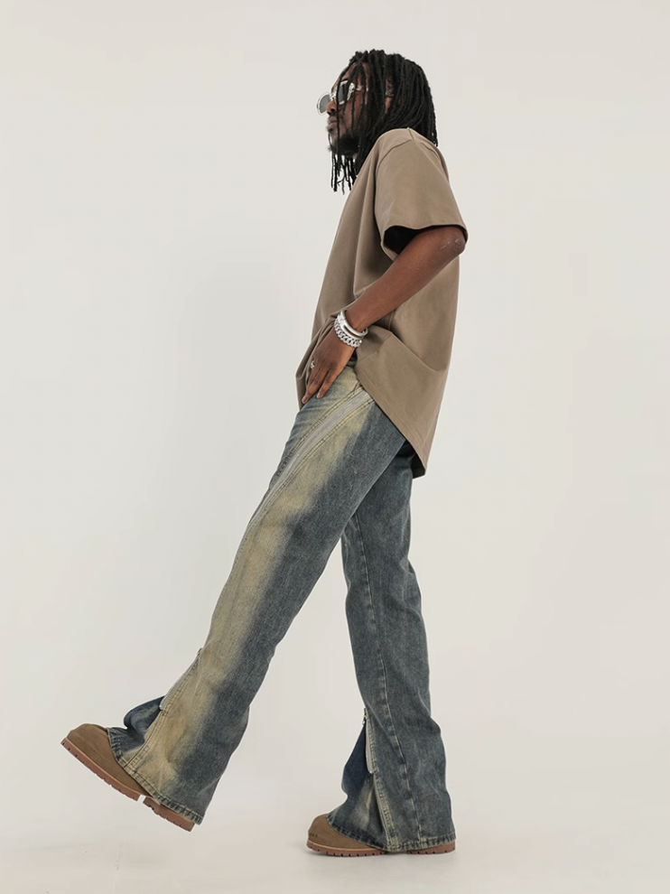 F3F Select Stitching Zipper Washed Flare Jeans