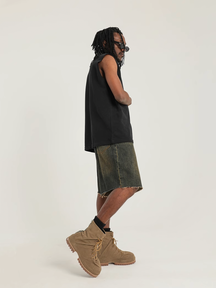 F3F Select Washed Mud Dyed Denim Baggy Shorts