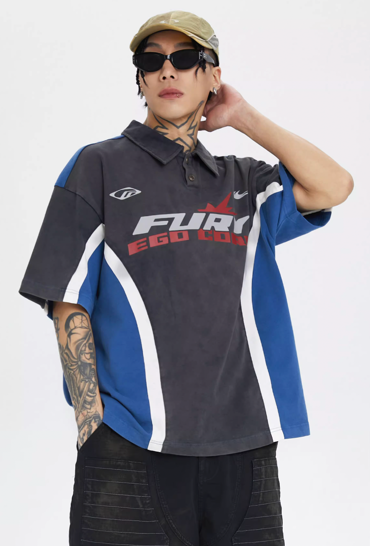 F2CE Washed & Old Splicing Printed Polo Shirt
