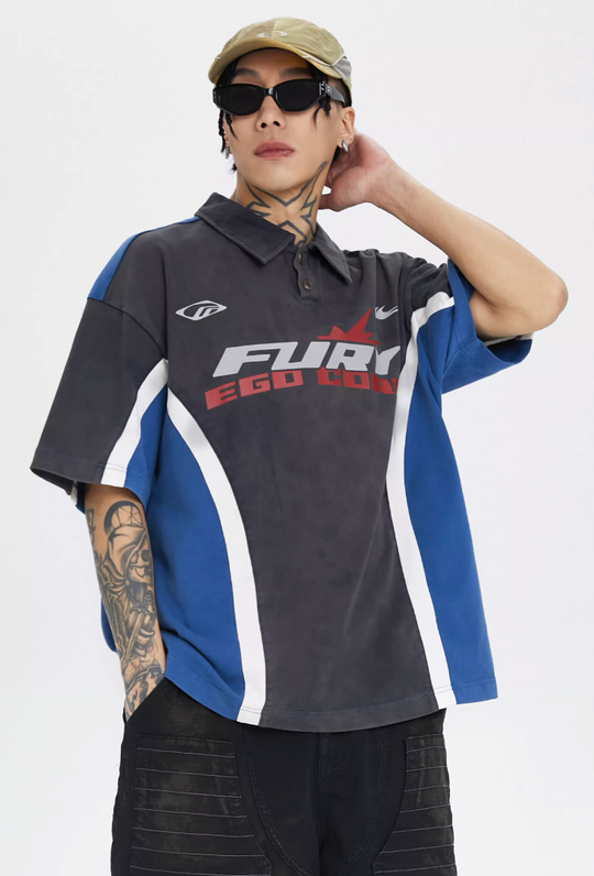 F2CE Washed & Old Splicing Printed Polo Shirt