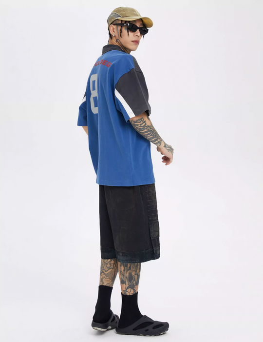 F2CE Washed & Old Splicing Printed Polo Shirt