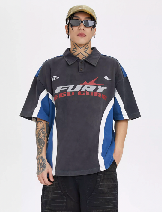 F2CE Washed & Old Splicing Printed Polo Shirt