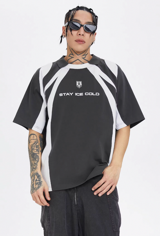 F2CE Deconstruction Stitching Contrast Color Printing Sports Polo Shirt