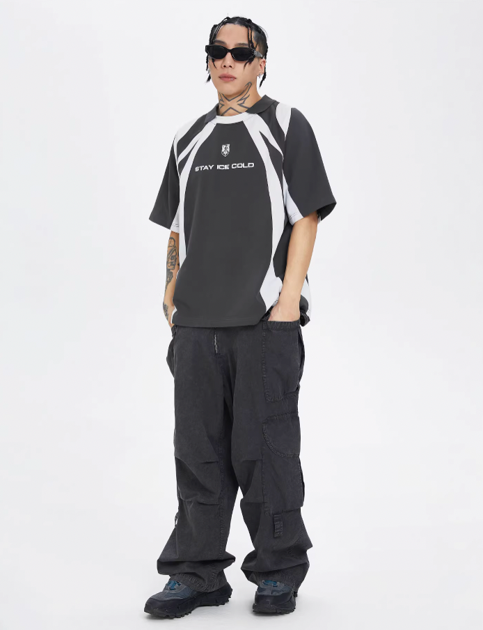 F2CE Deconstruction Stitching Contrast Color Printing Sports Polo Shirt