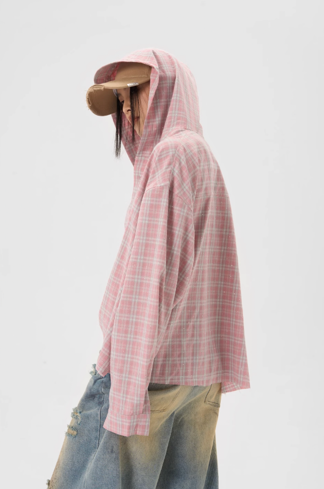JHYQ Plaid Hot Diamond Hooded Long Sleeved Shirt