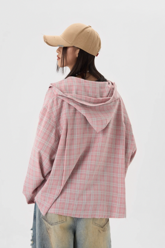 JHYQ Plaid Hot Diamond Hooded Long Sleeved Shirt