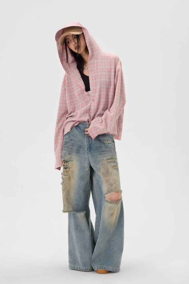 JHYQ Plaid Hot Diamond Hooded Long Sleeved Shirt