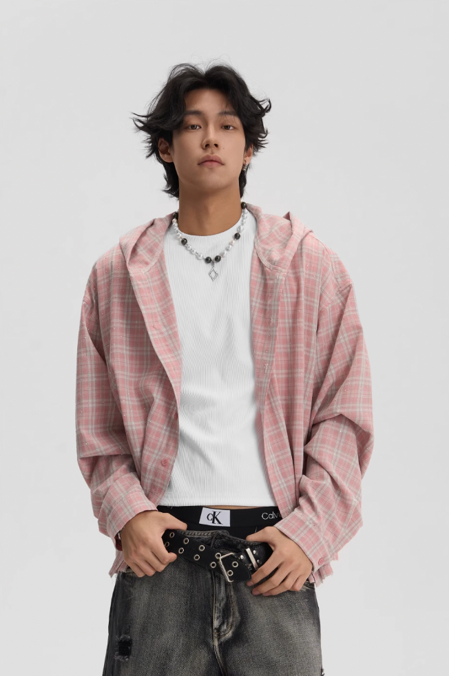 JHYQ Plaid Hot Diamond Hooded Long Sleeved Shirt