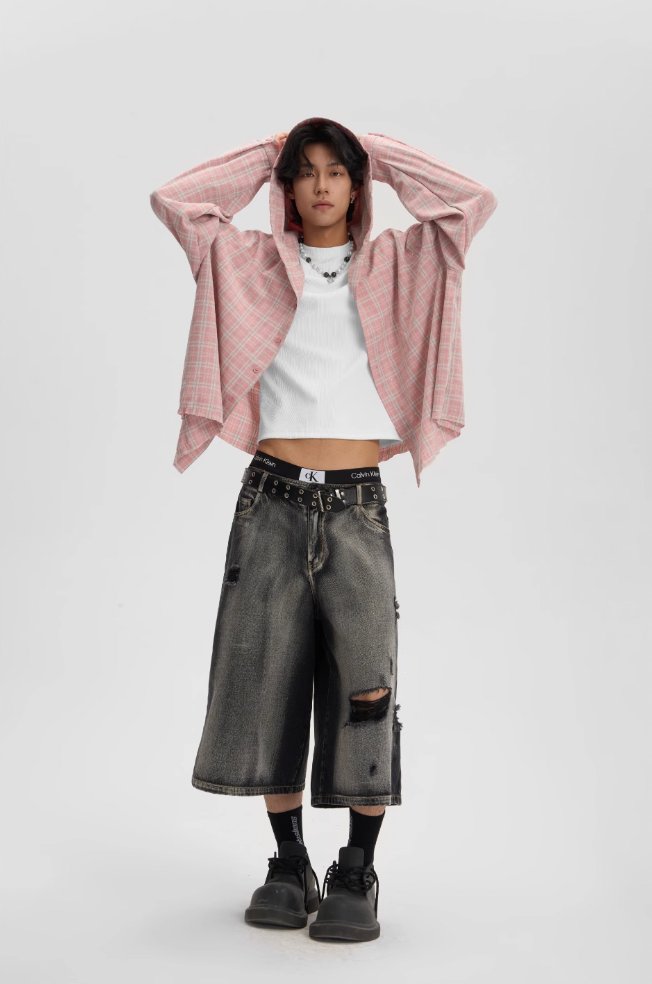 JHYQ Plaid Hot Diamond Hooded Long Sleeved Shirt