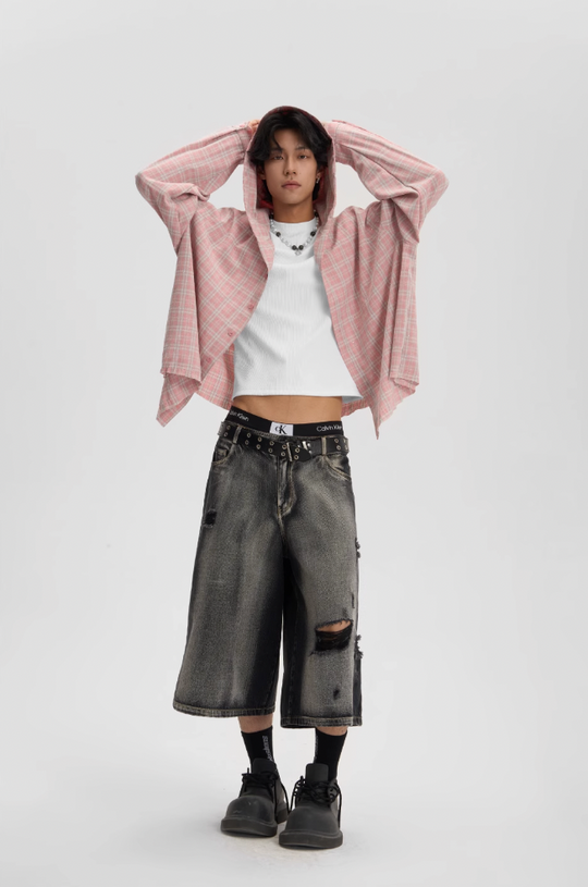 JHYQ Plaid Hot Diamond Hooded Long Sleeved Shirt