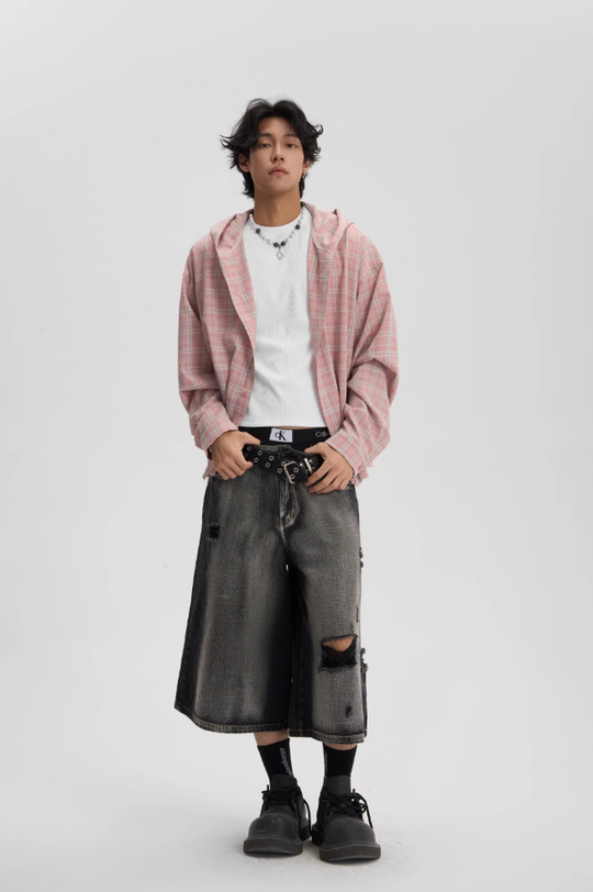 JHYQ Plaid Hot Diamond Hooded Long Sleeved Shirt