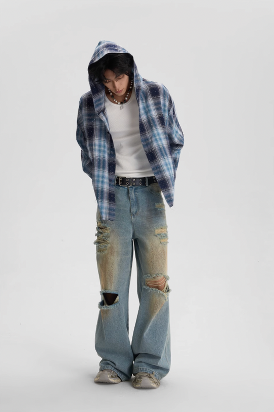 JHYQ Plaid Hot Diamond Hooded Long Sleeved Shirt