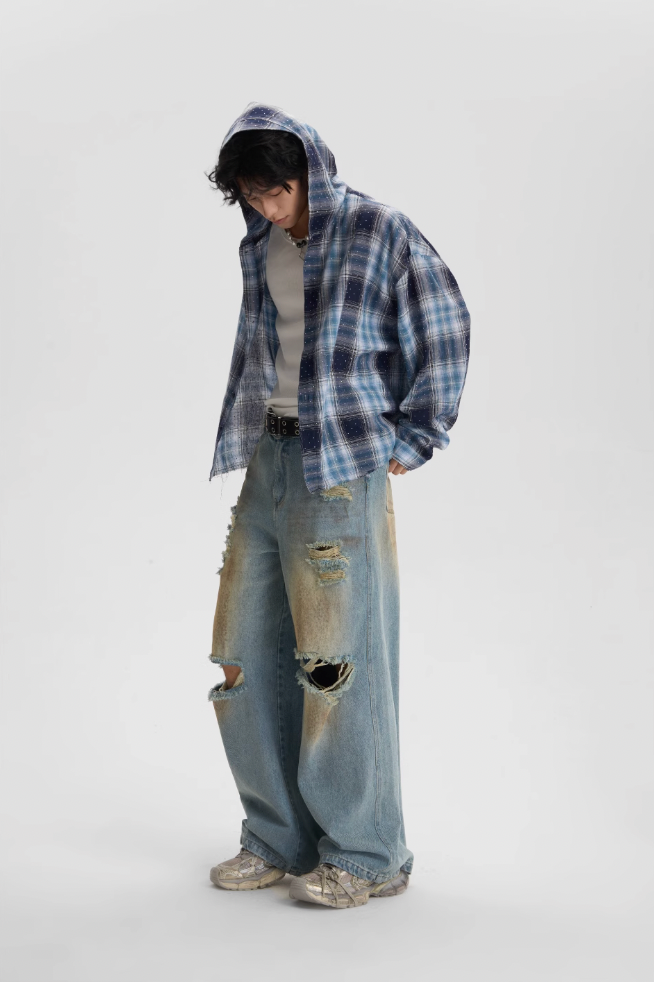 JHYQ Plaid Hot Diamond Hooded Long Sleeved Shirt