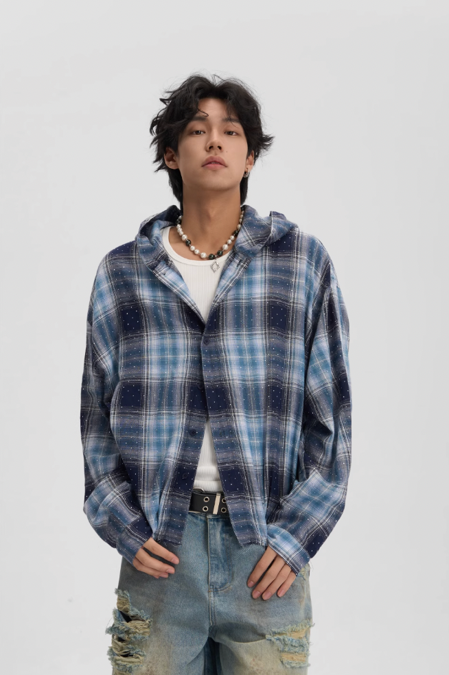 JHYQ Plaid Hot Diamond Hooded Long Sleeved Shirt