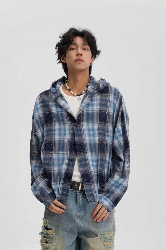 JHYQ Plaid Hot Diamond Hooded Long Sleeved Shirt