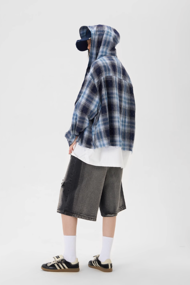 JHYQ Plaid Hot Diamond Hooded Long Sleeved Shirt