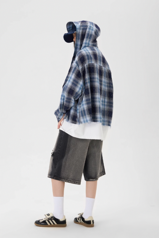 JHYQ Plaid Hot Diamond Hooded Long Sleeved Shirt