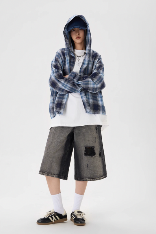 JHYQ Plaid Hot Diamond Hooded Long Sleeved Shirt