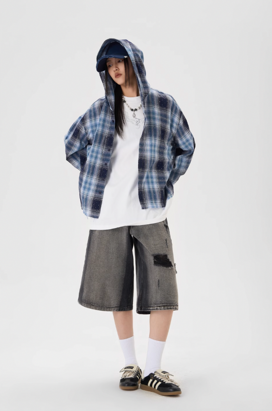 JHYQ Plaid Hot Diamond Hooded Long Sleeved Shirt