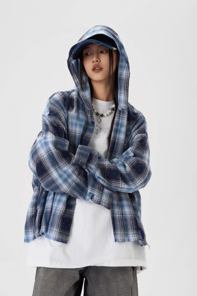 JHYQ Plaid Hot Diamond Hooded Long Sleeved Shirt