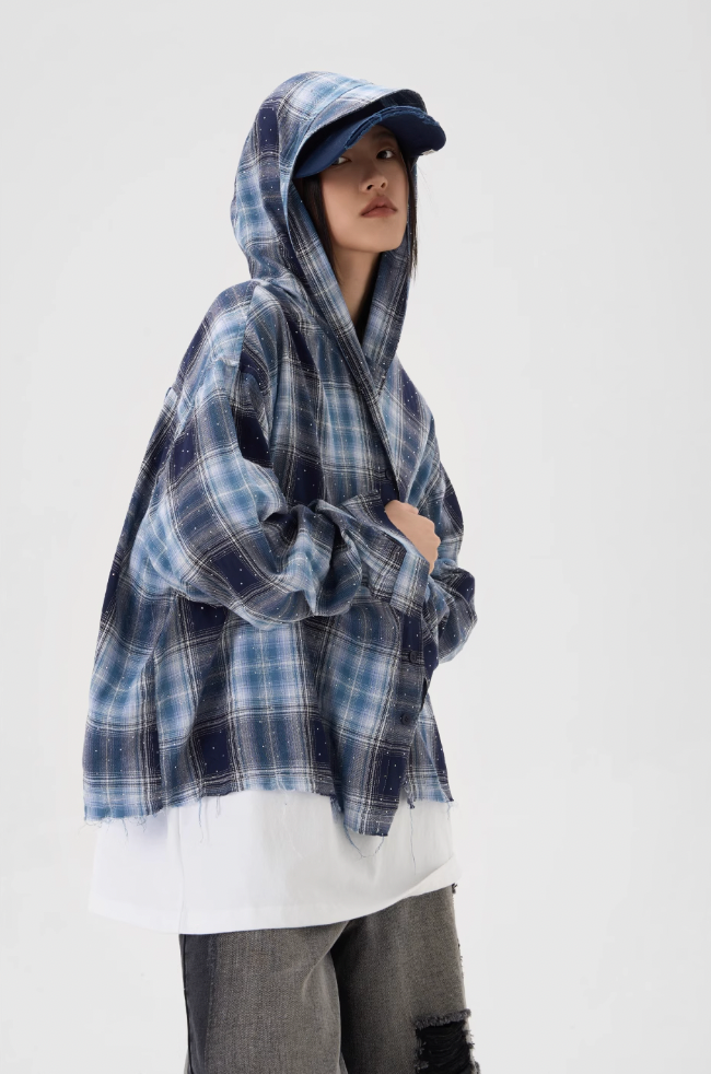 JHYQ Plaid Hot Diamond Hooded Long Sleeved Shirt