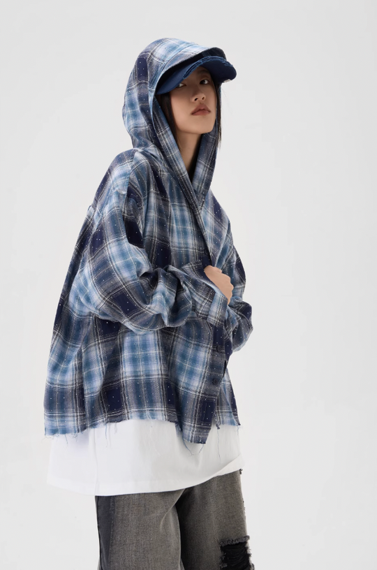 JHYQ Plaid Hot Diamond Hooded Long Sleeved Shirt