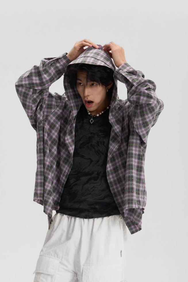 JHYQ Plaid Hot Diamond Hooded Long Sleeved Shirt
