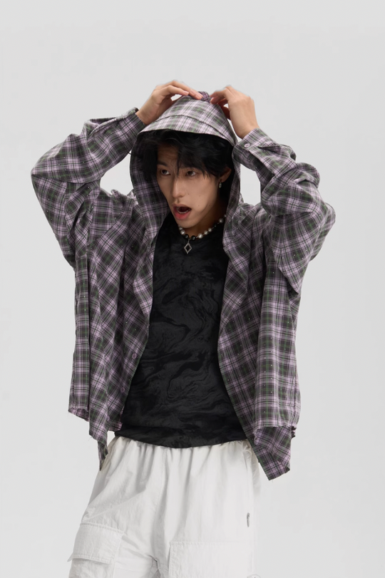 JHYQ Plaid Hot Diamond Hooded Long Sleeved Shirt