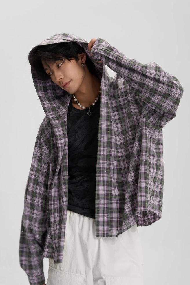 JHYQ Plaid Hot Diamond Hooded Long Sleeved Shirt