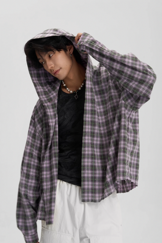JHYQ Plaid Hot Diamond Hooded Long Sleeved Shirt
