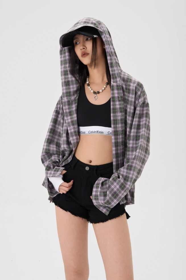 JHYQ Plaid Hot Diamond Hooded Long Sleeved Shirt