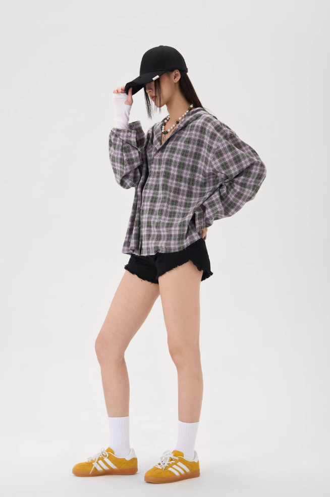 JHYQ Plaid Hot Diamond Hooded Long Sleeved Shirt