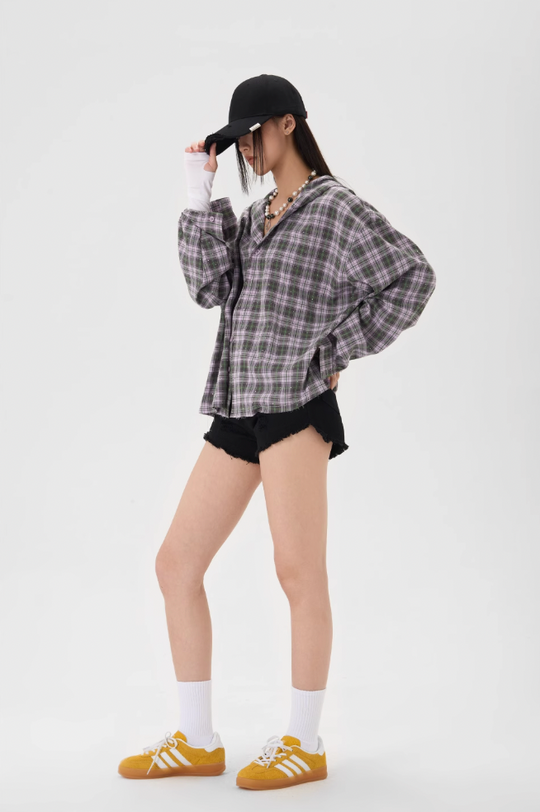 JHYQ Plaid Hot Diamond Hooded Long Sleeved Shirt