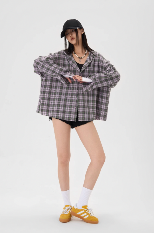 JHYQ Plaid Hot Diamond Hooded Long Sleeved Shirt