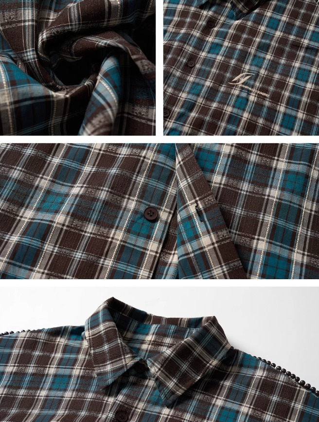 JHYQ Beaded Shoulder Plaid Short Sleeve Shirt