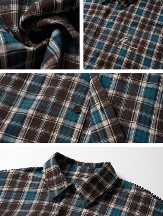JHYQ Beaded Shoulder Plaid Short Sleeve Shirt