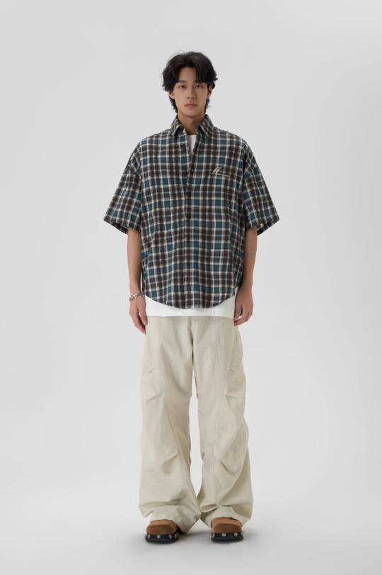 JHYQ Beaded Shoulder Plaid Short Sleeve Shirt