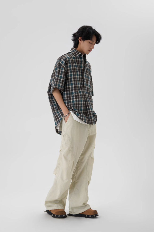 JHYQ Beaded Shoulder Plaid Short Sleeve Shirt