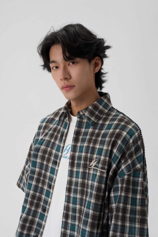 JHYQ Beaded Shoulder Plaid Short Sleeve Shirt